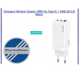Chargeur Secteur Usams  65W (2x Type-C + USB QC3.0) Blanc - EMPLACEMENT: