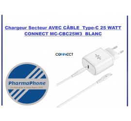 Chargeur Secteur Type-C 25 WATT 3.0A CONNECT MC-CBC25W3  BLANC - EMPLACEMENT: Z02- B100 - E03