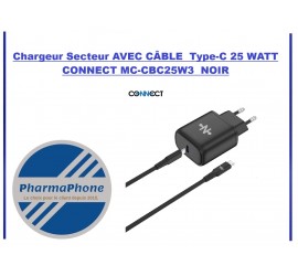Chargeur Secteur AVEC CÂBLE  Type-C 25 WATT  CONNECT MC-CBC25W3  NOIR - EMPLACEMENT: Z02- B100 - E03