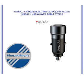 YESIDO - CHARGEUR ALLUME CIGARE 30WATT 3.0 (USB-C  + USB-A) AVEC CABLE TYPE-C - EMPLACEMENT: Z02 - B40 - E05